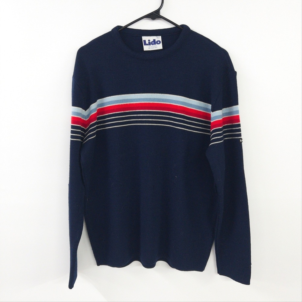 Vintage Lido of California Striped Chest Crewneck Sweater XL Navy Blue Retro 70s